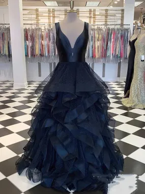 Ball Gown Prom Dresses Tiered Dress Wedding Party Floor Length Sleeveless V Neck Tulle with Ruffles