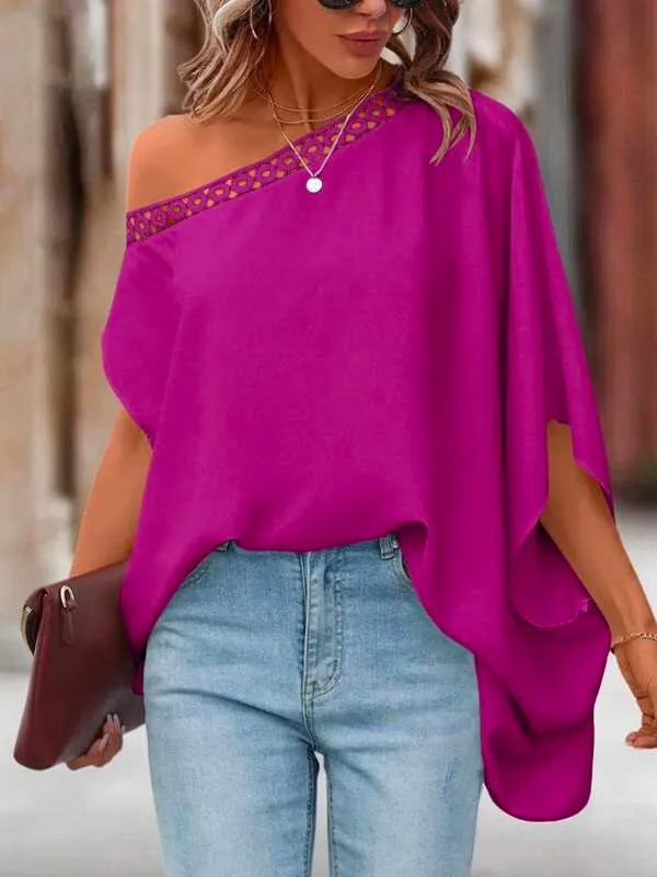 Batwing Sleeves Asymmetric Hollow Solid Color One-Shoulder Blouses&Shirts Tops