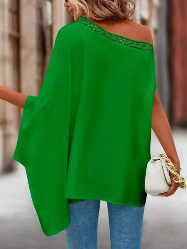 Batwing Sleeves Asymmetric Hollow Solid Color One-Shoulder Blouses&Shirts Tops