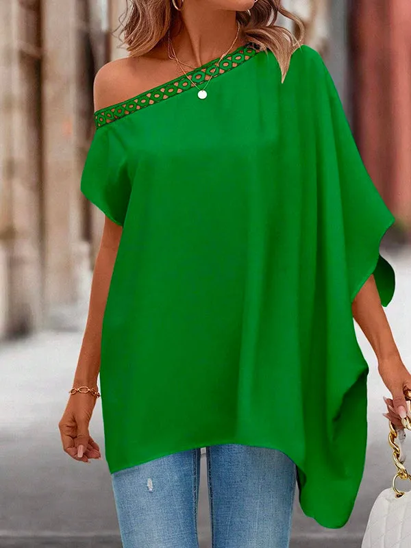 Batwing Sleeves Asymmetric Hollow Solid Color One-Shoulder Blouses&Shirts Tops