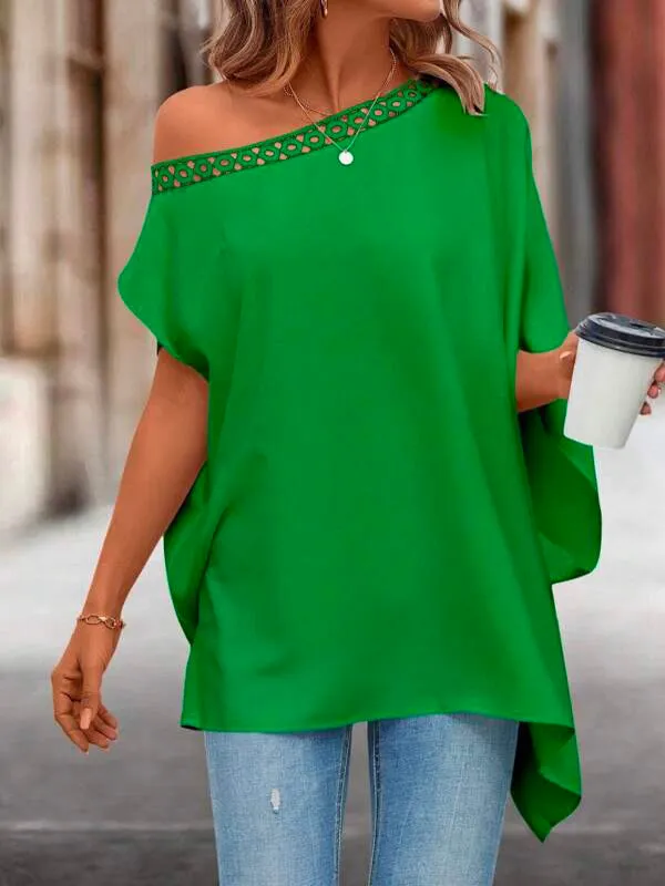 Batwing Sleeves Asymmetric Hollow Solid Color One-Shoulder Blouses&Shirts Tops