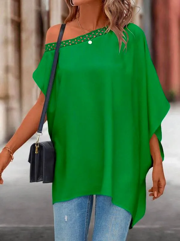 Batwing Sleeves Asymmetric Hollow Solid Color One-Shoulder Blouses&Shirts Tops