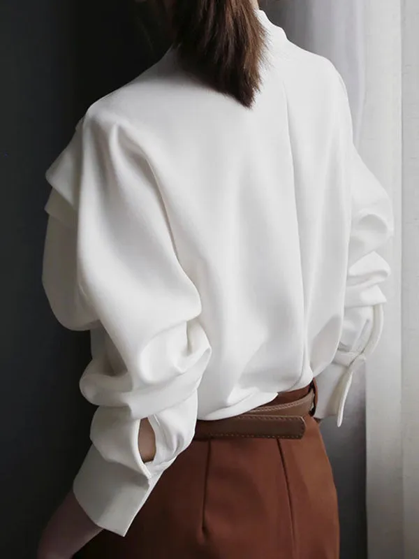 Batwing Sleeves Loose Pleated Solid Color Split-Joint Round-Neck Blouses