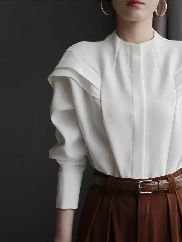 Batwing Sleeves Loose Pleated Solid Color Split-Joint Round-Neck Blouses