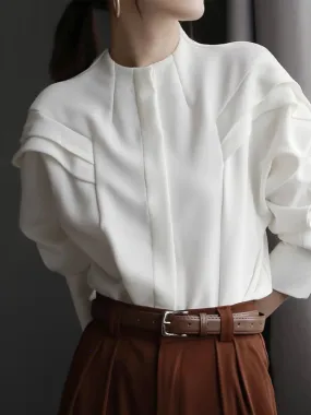 Batwing Sleeves Loose Pleated Solid Color Split-Joint Round-Neck Blouses