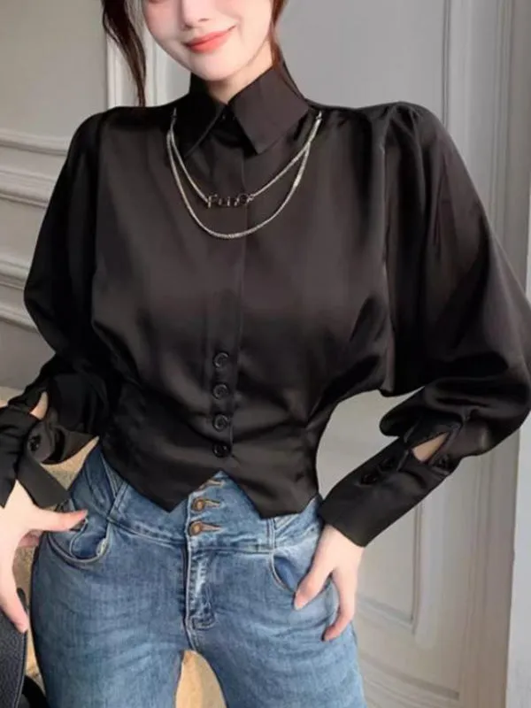 Batwing Sleeves Loose Pleated Split-Joint Lapel Blouses