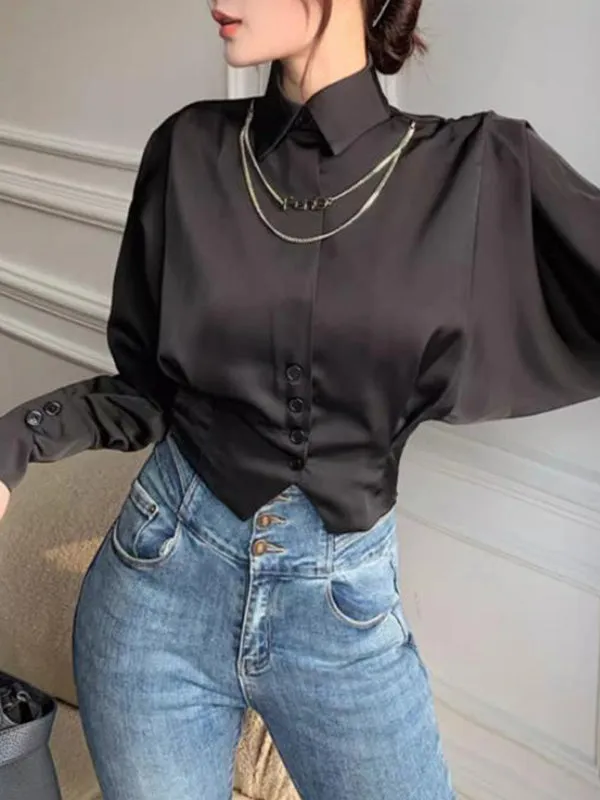 Batwing Sleeves Loose Pleated Split-Joint Lapel Blouses