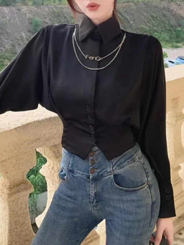 Batwing Sleeves Loose Pleated Split-Joint Lapel Blouses