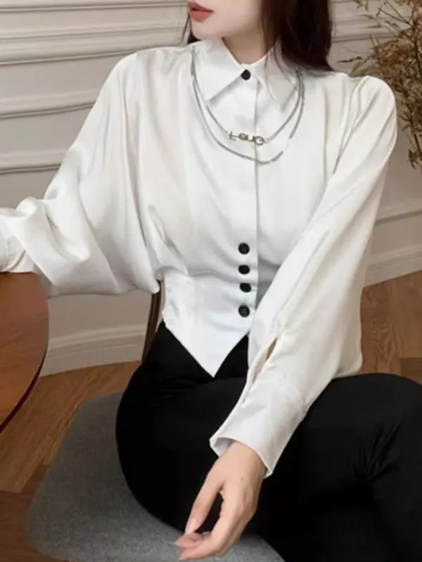 Batwing Sleeves Loose Pleated Split-Joint Lapel Blouses