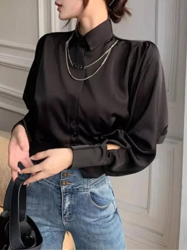 Batwing Sleeves Loose Pleated Split-Joint Lapel Blouses