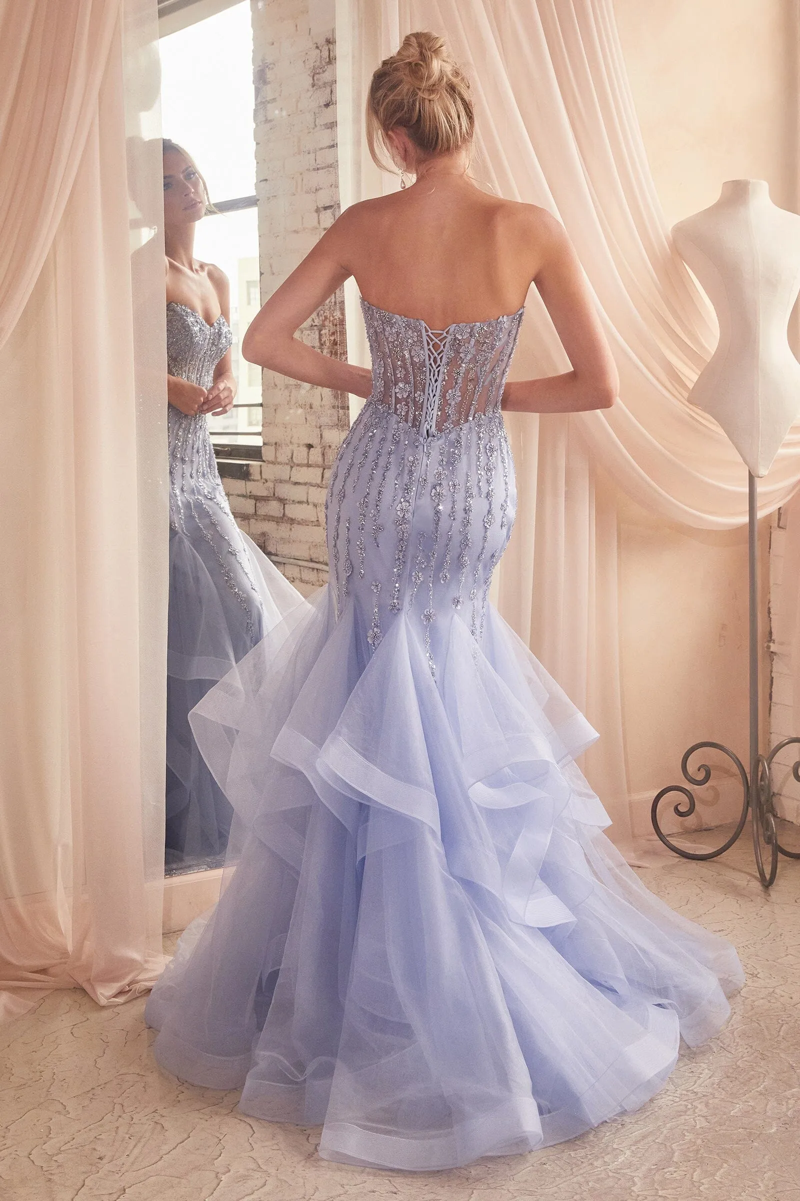 Beaded Strapless Tiered Mermaid Dress by Ladivine CD332