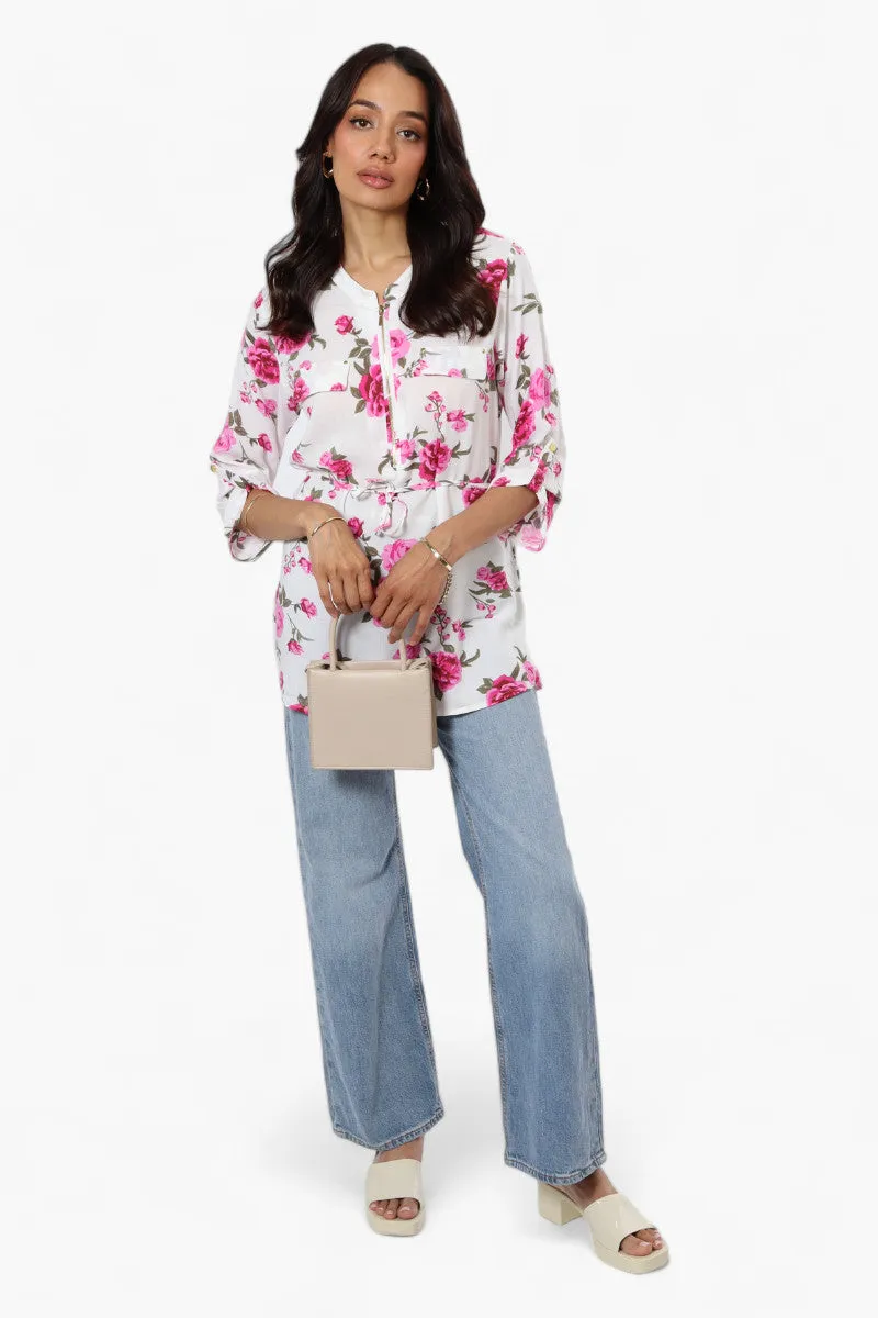 Beechers Brook Floral Belted Roll Up Sleeve Blouse - White