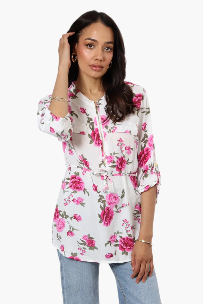 Beechers Brook Floral Belted Roll Up Sleeve Blouse - White