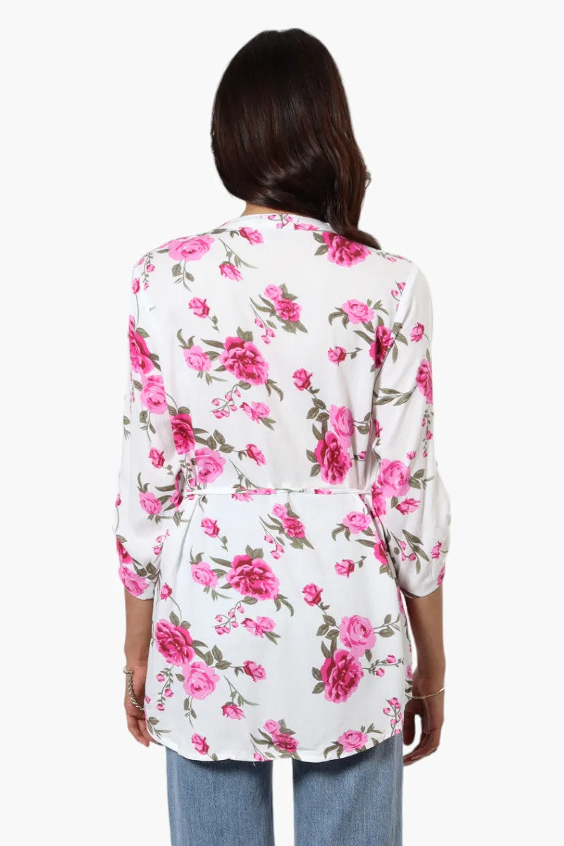 Beechers Brook Floral Belted Roll Up Sleeve Blouse - White