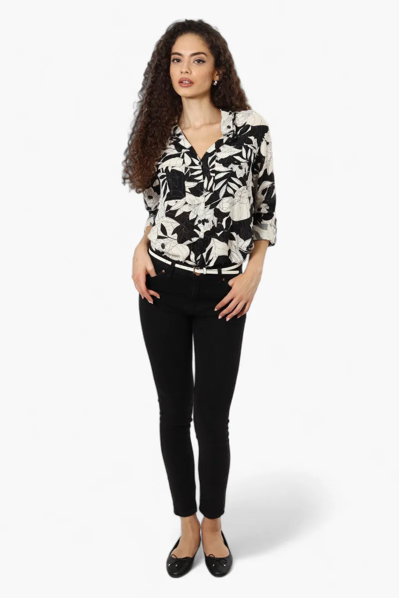 Beechers Brook Floral Roll Up Sleeve Blouse - Black