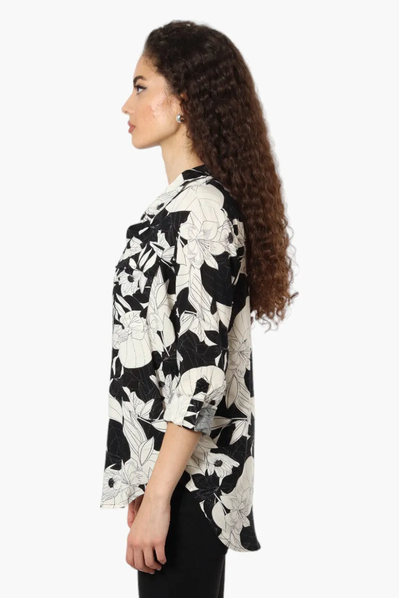 Beechers Brook Floral Roll Up Sleeve Blouse - Black