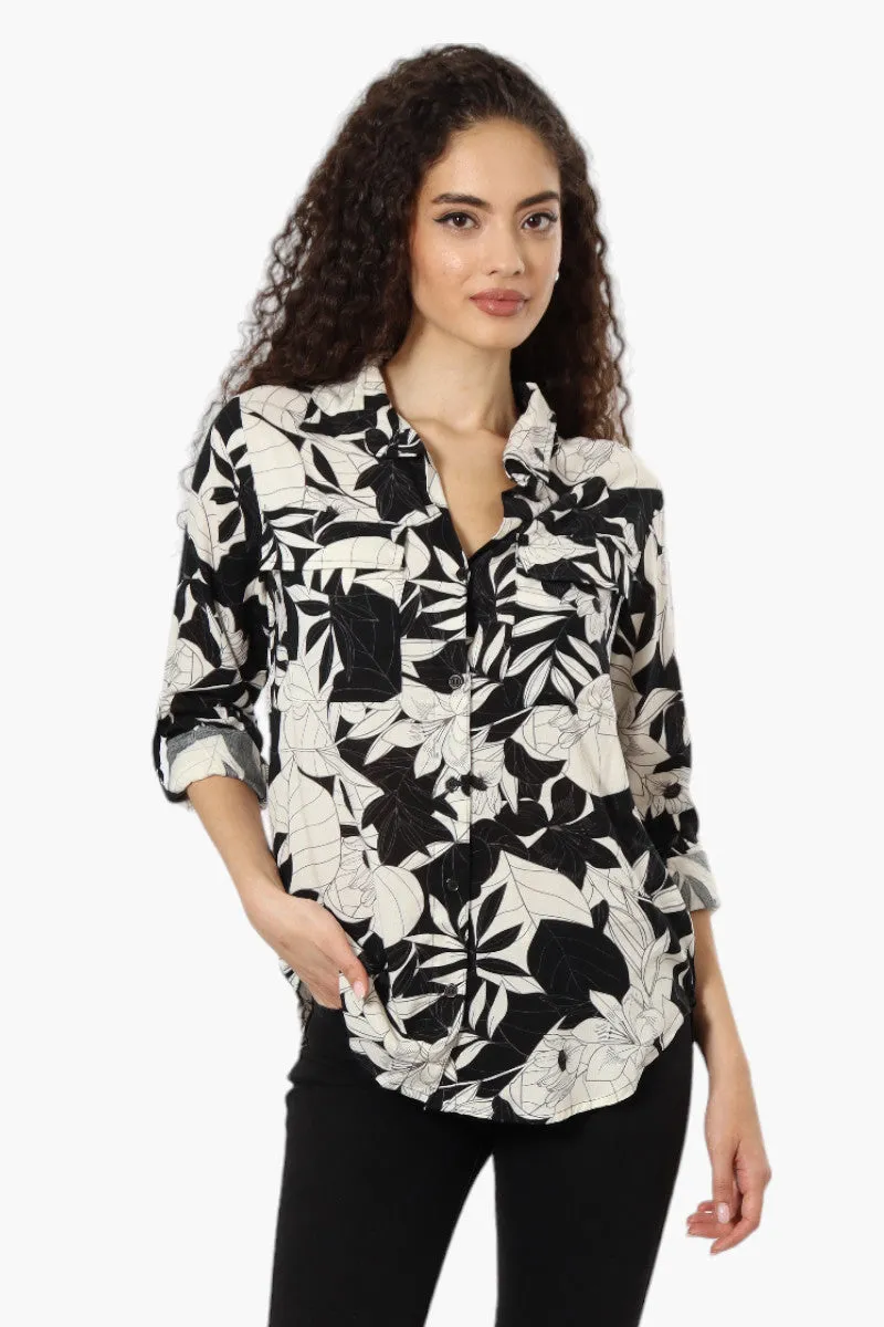 Beechers Brook Floral Roll Up Sleeve Blouse - Black