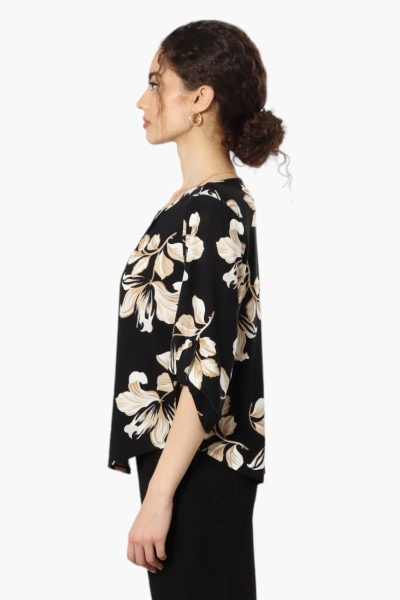 Beechers Brook Floral Roll Up Sleeve Necklace Blouse - Black