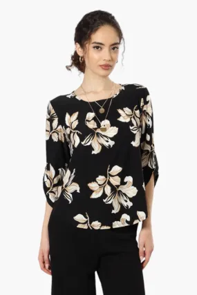 Beechers Brook Floral Roll Up Sleeve Necklace Blouse - Black