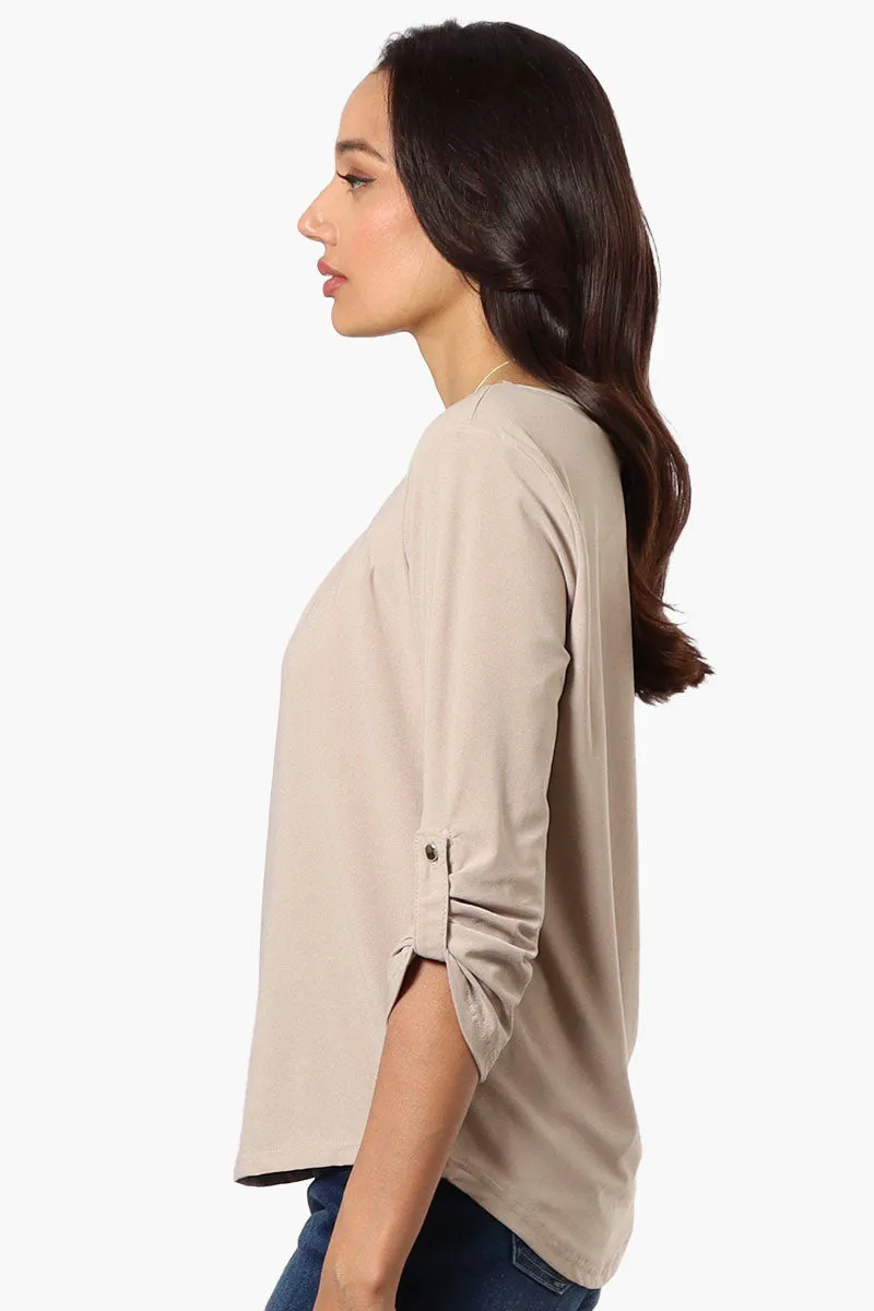 Beechers Brook Solid Roll Up Sleeve Necklace Blouse - Beige