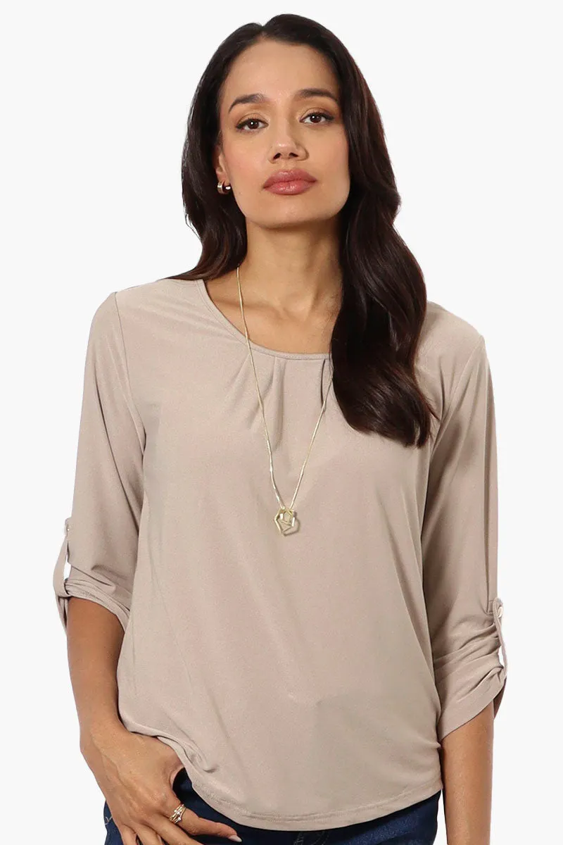 Beechers Brook Solid Roll Up Sleeve Necklace Blouse - Beige