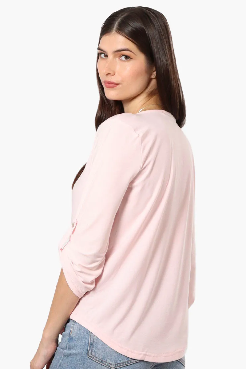 Beechers Brook Solid Roll Up Sleeve Necklace Blouse - Blush