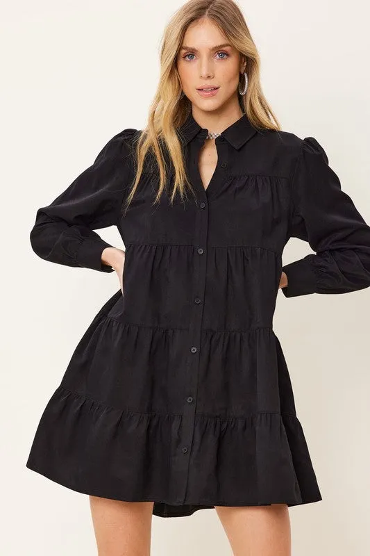 Black Button Down Tiered Shirt Mini Dress