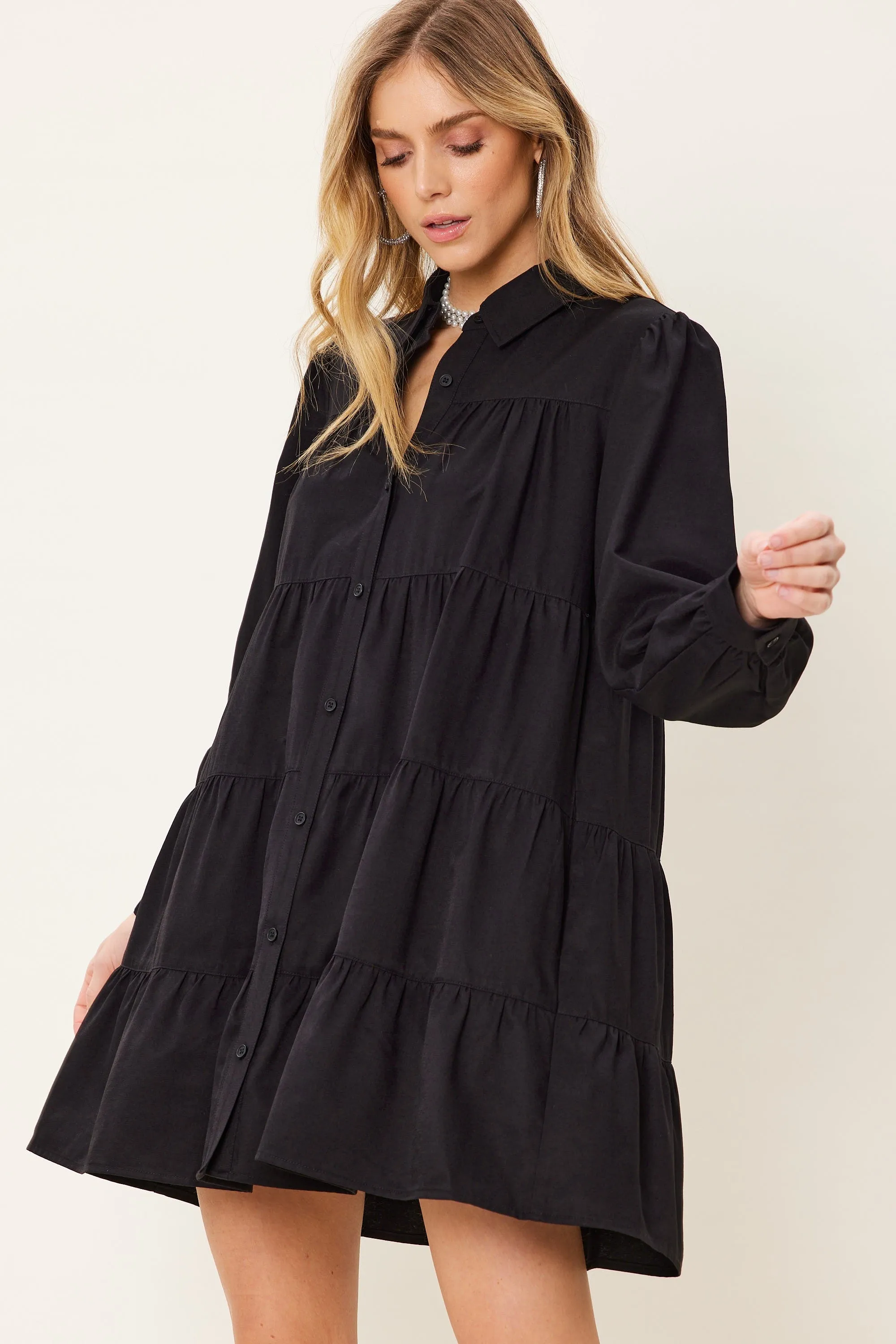 Black Button Down Tiered Shirt Mini Dress