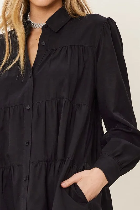 Black Button Down Tiered Shirt Mini Dress