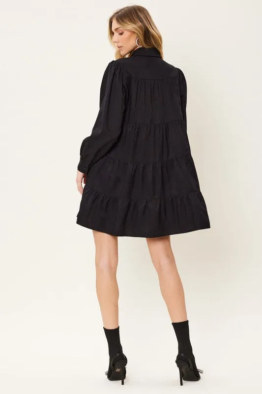 Black Button Down Tiered Shirt Mini Dress