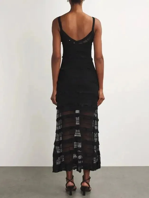 Black Crochet Long Knit Tiered Sleeveless Dress