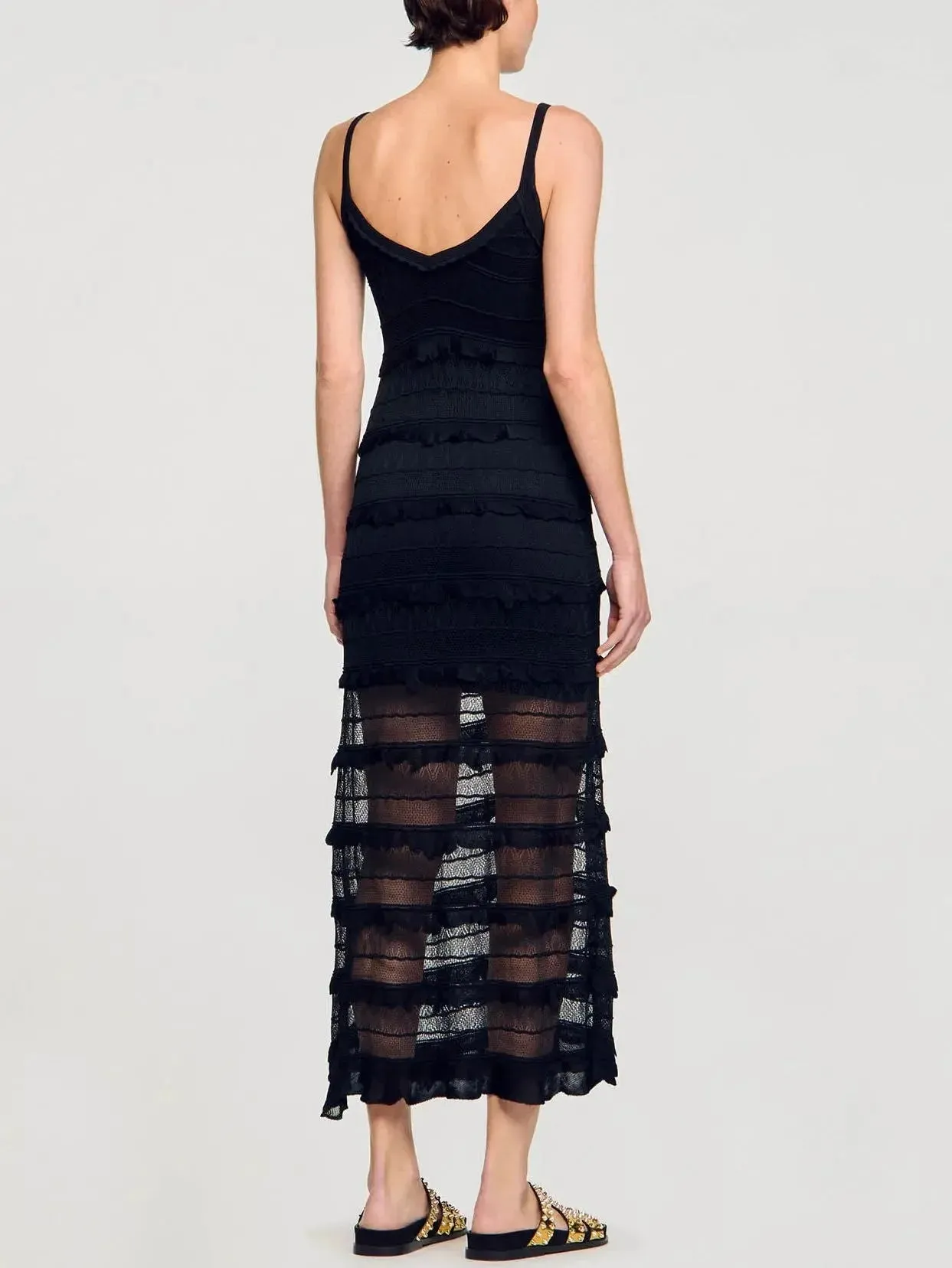 Black Crochet Long Knit Tiered Sleeveless Dress