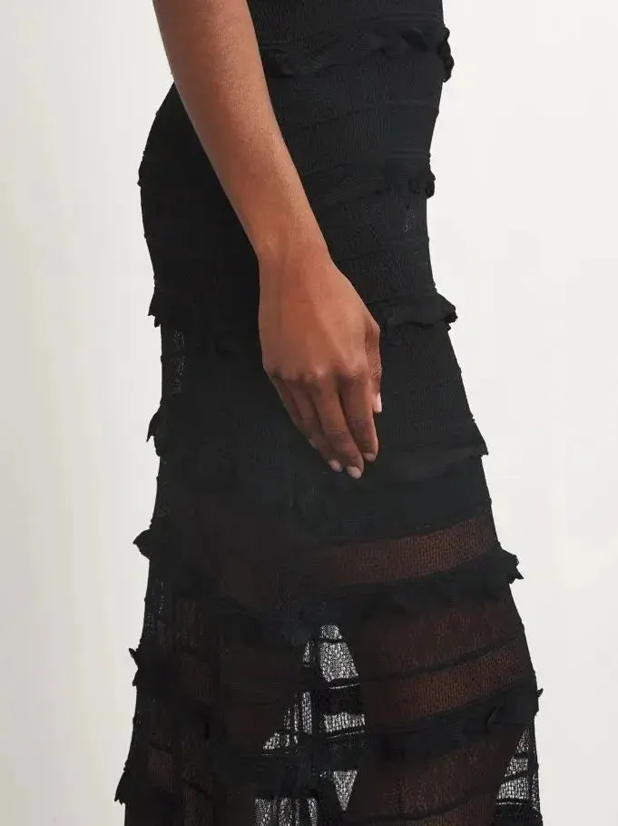 Black Crochet Long Knit Tiered Sleeveless Dress