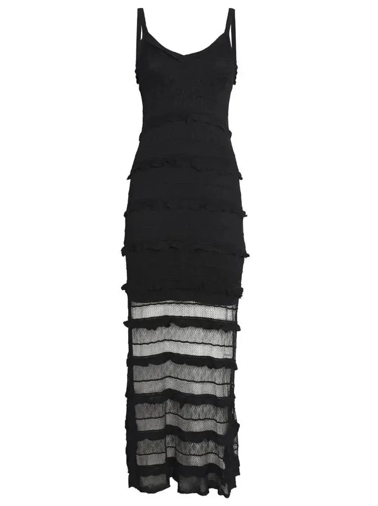 Black Crochet Long Knit Tiered Sleeveless Dress