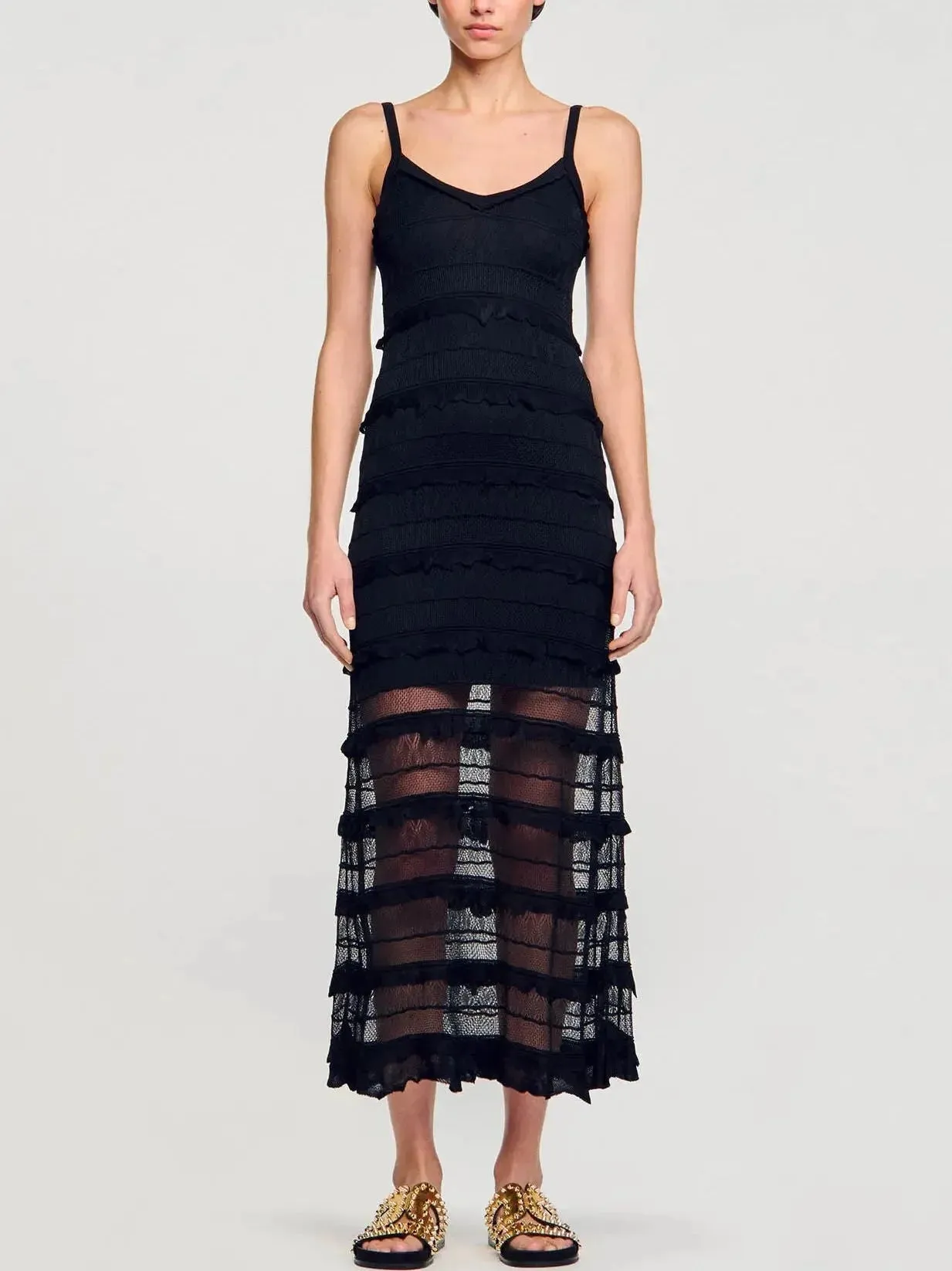 Black Crochet Long Knit Tiered Sleeveless Dress