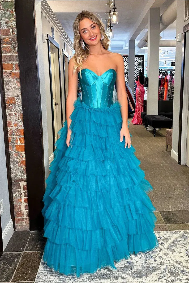 Blue Sweetheart Tiered Tulle Long Prom Dresses with Slit