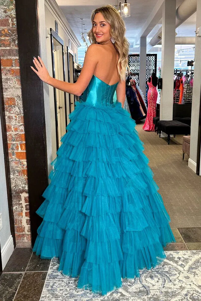 Blue Sweetheart Tiered Tulle Long Prom Dresses with Slit