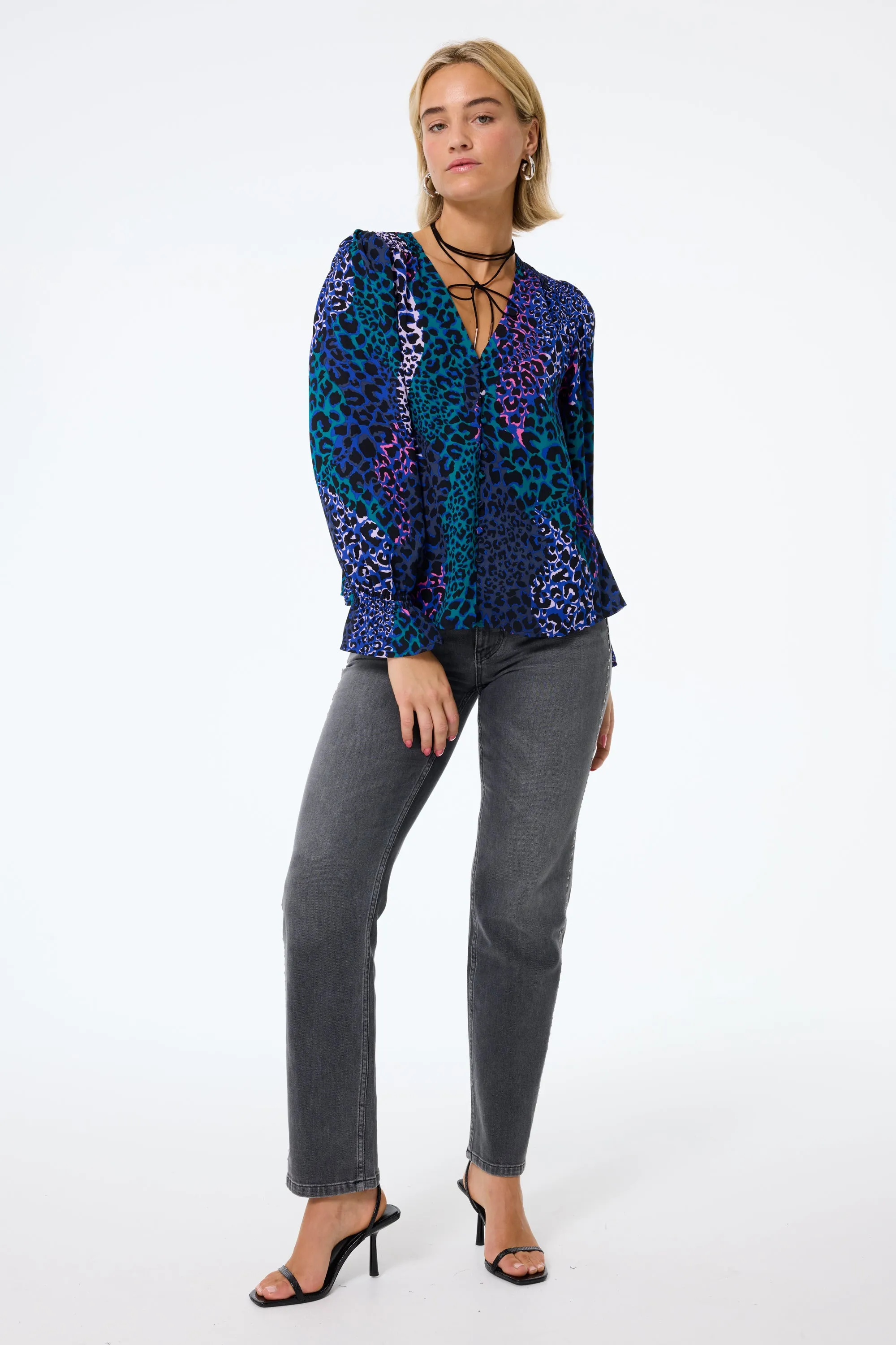 Blue with Green Spliced Leopard Flute Sleeve Blouse