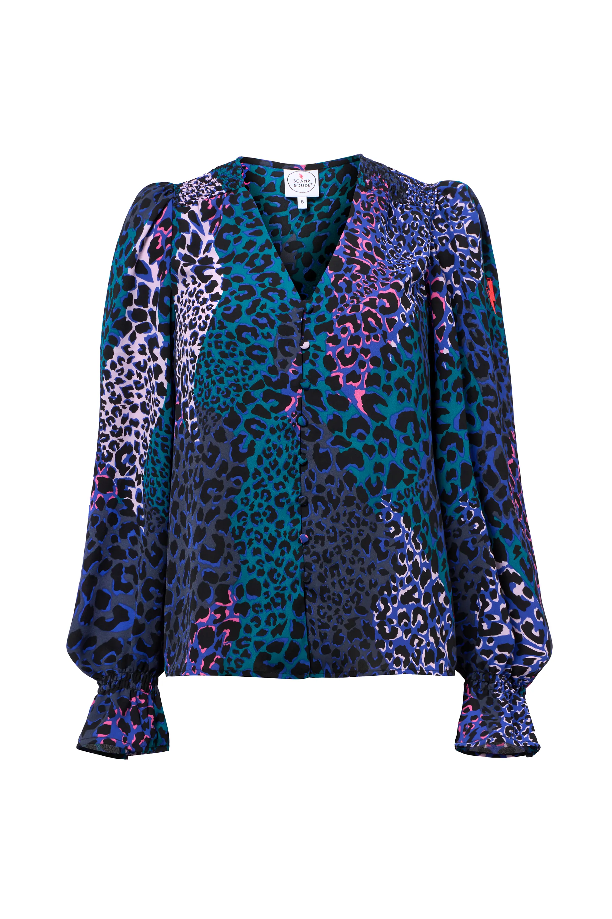 Blue with Green Spliced Leopard Flute Sleeve Blouse