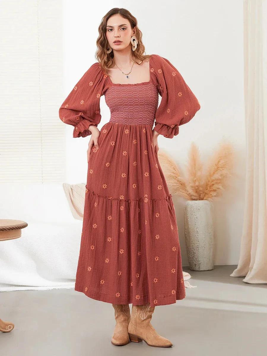 Boho Floral Embroidered Long Dress for Casual Weddings