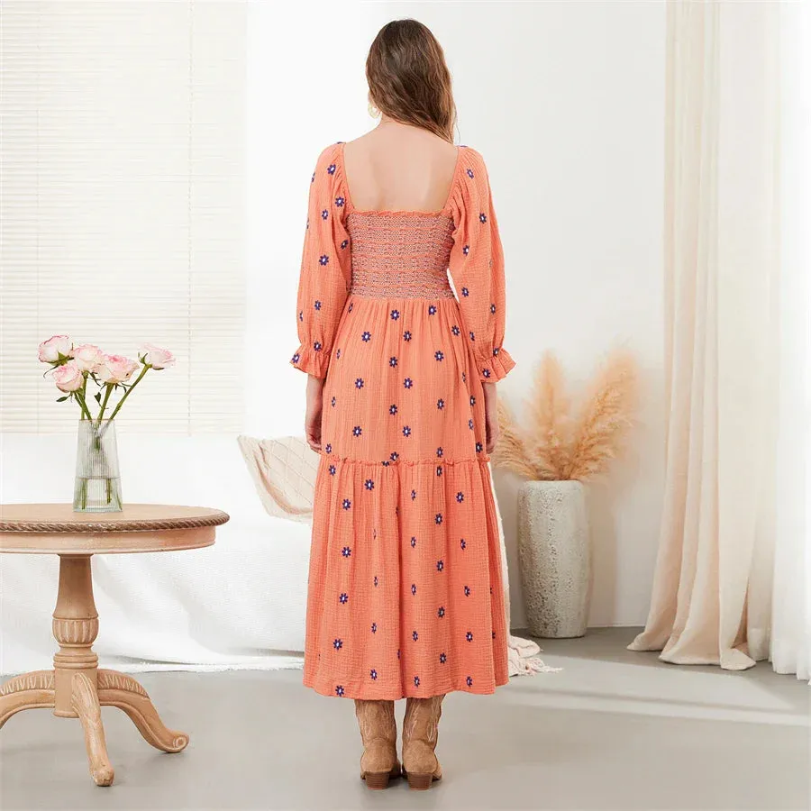 Boho Floral Embroidered Long Dress for Casual Weddings