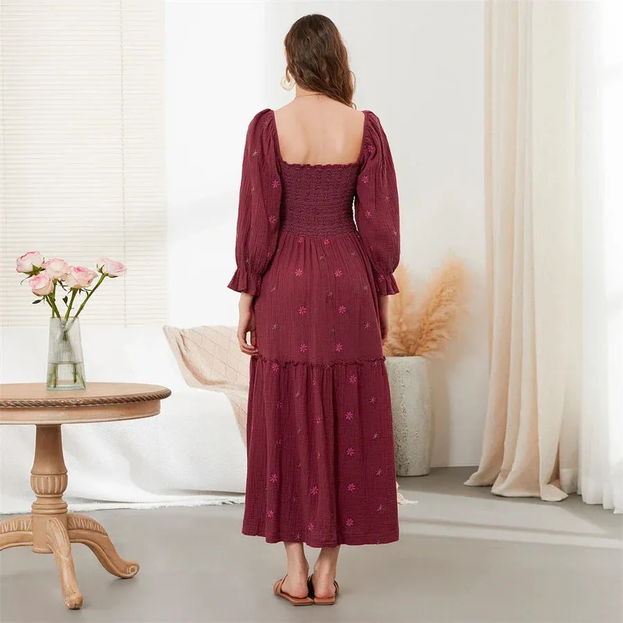 Boho Floral Embroidered Long Dress for Casual Weddings