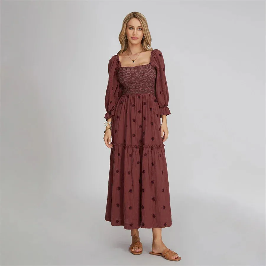 Boho Floral Embroidered Long Dress for Casual Weddings