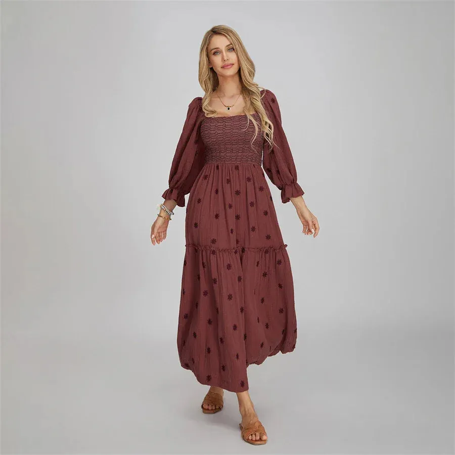 Boho Floral Embroidered Long Dress for Casual Weddings