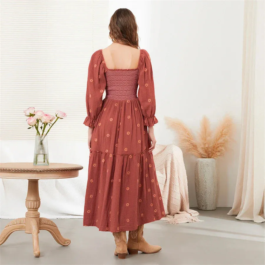 Boho Floral Embroidered Long Dress for Casual Weddings