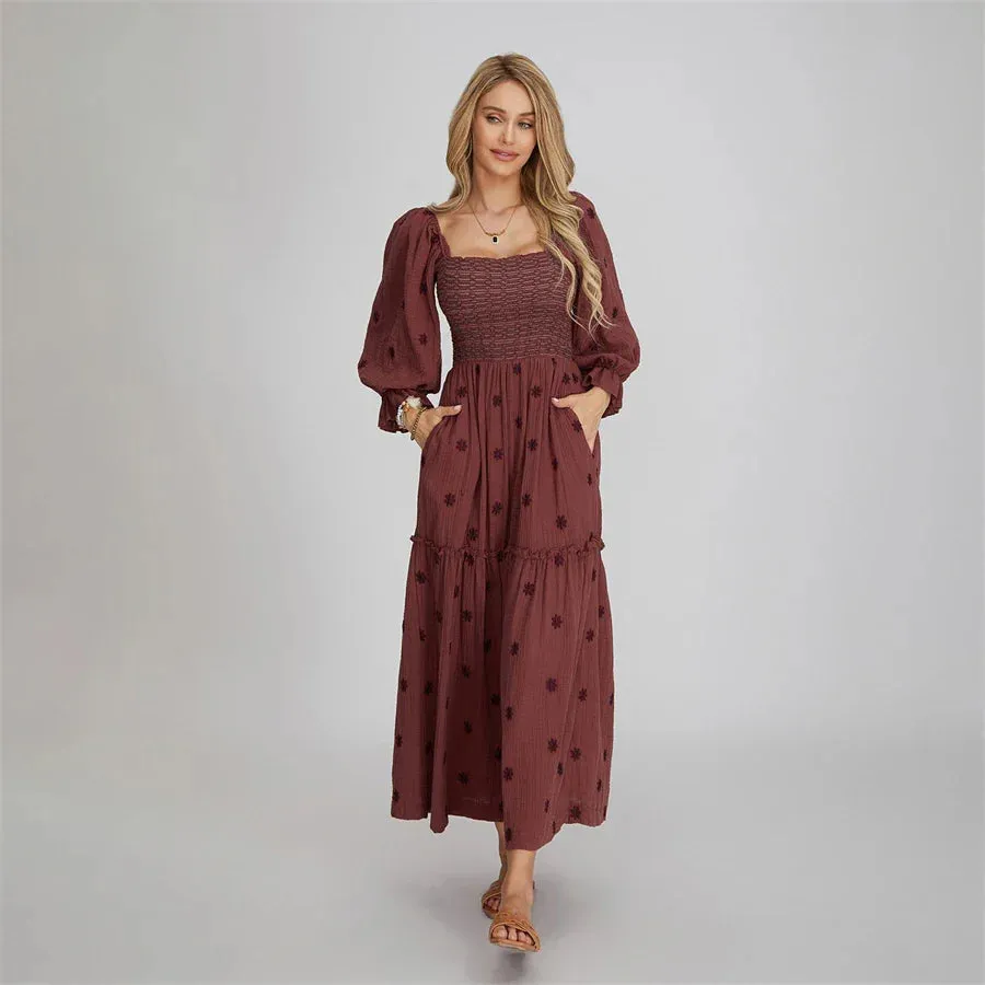 Boho Floral Embroidered Long Dress for Casual Weddings