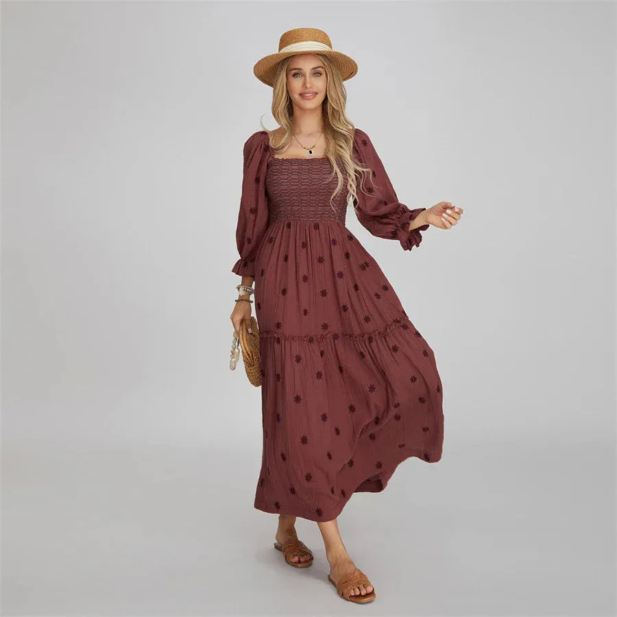 Boho Floral Embroidered Long Dress for Casual Weddings