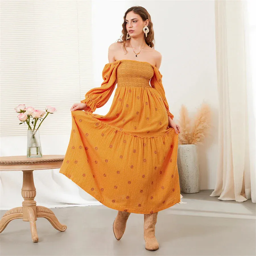 Boho Floral Embroidered Long Dress for Casual Weddings