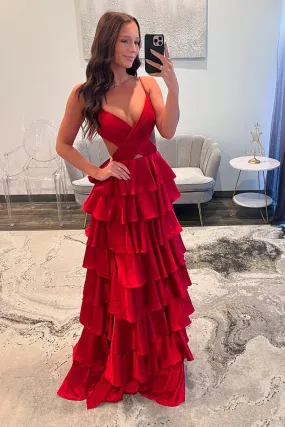 Charming A Line V Neck Red Satin Slit Tiered Prom Dresses