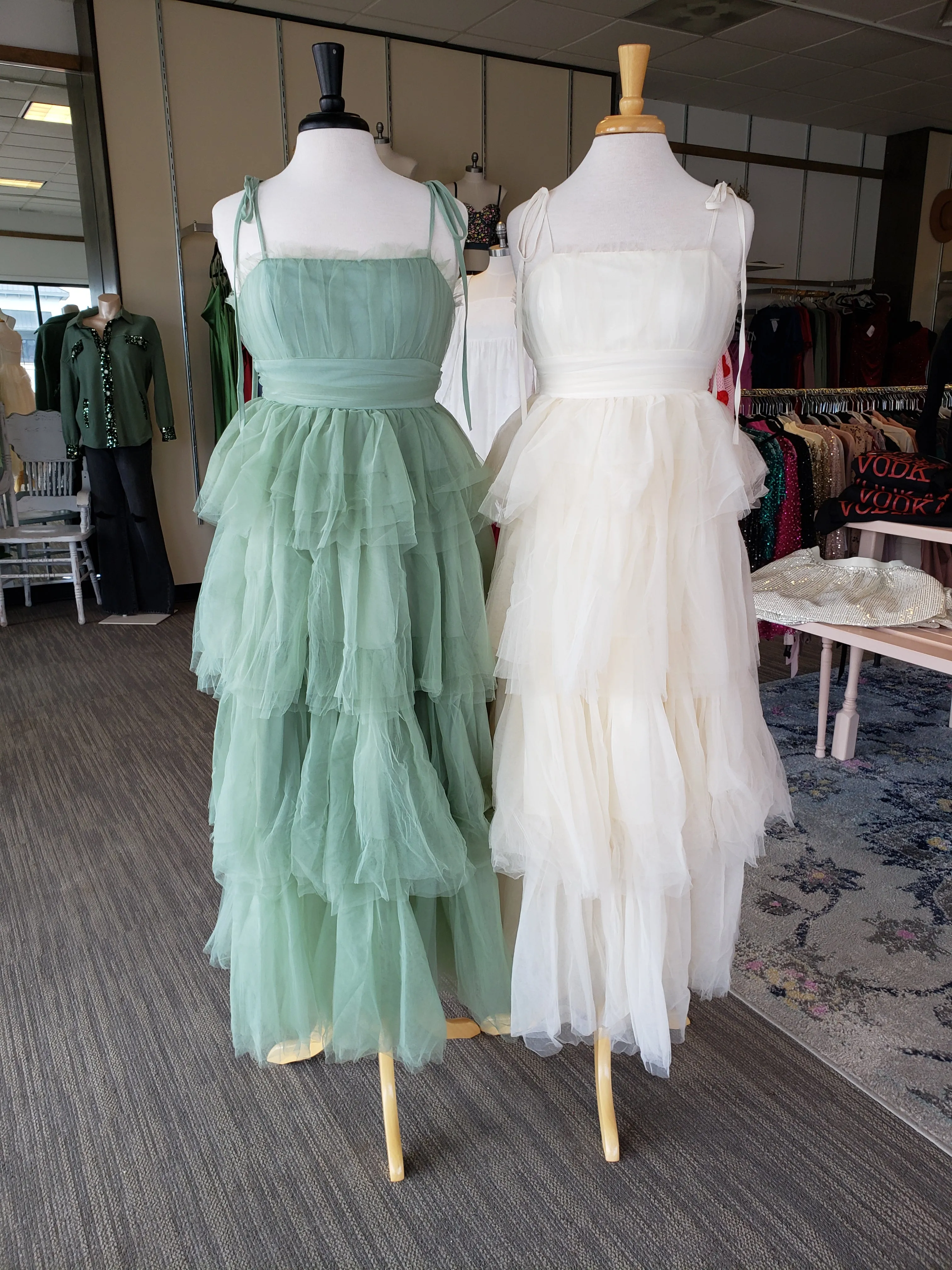 Cool Matcha Tiered Mesh Ruffle Dress